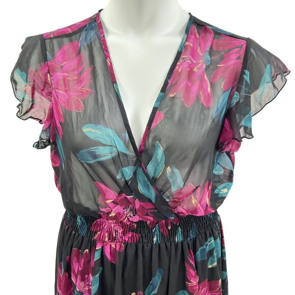 Anthropologie Kate & Lily 12 Ruffled Babydoll Floral Black Chiffon Smocked Dress - Picture 8 of 16